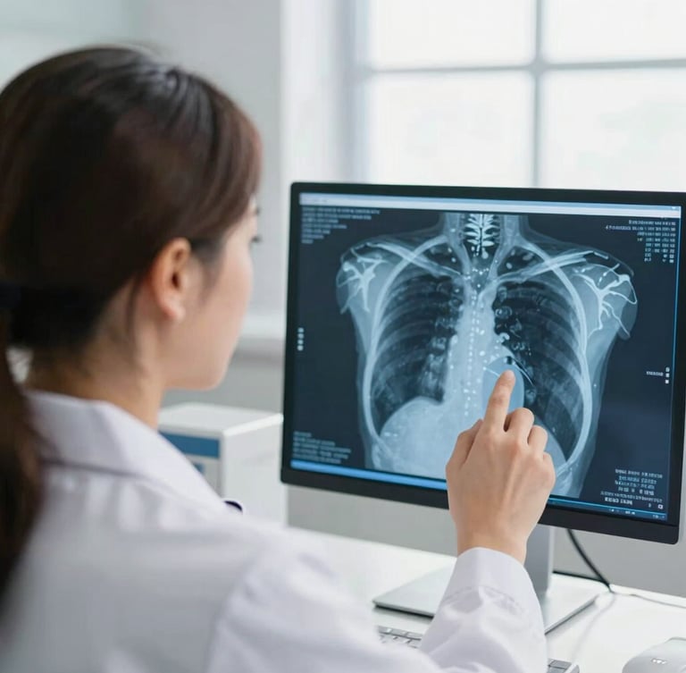 Over-the-shoulder shot of a radiologist analyzing a high-resolution chest CT scan on a dual-monitor setup with subtle blue diagnostic overlays, bright clean clinical environment, soft natural daylight, professional medical tones, 35mm lens