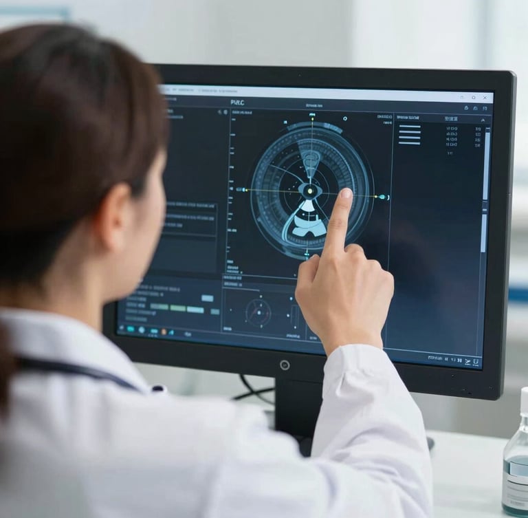 Over-the-shoulder shot of a clinical radiologist pointing at a high-resolution PACS monitor with subtle AI diagnostic overlays, bright natural daylight, professional medical tones, 35mm lens