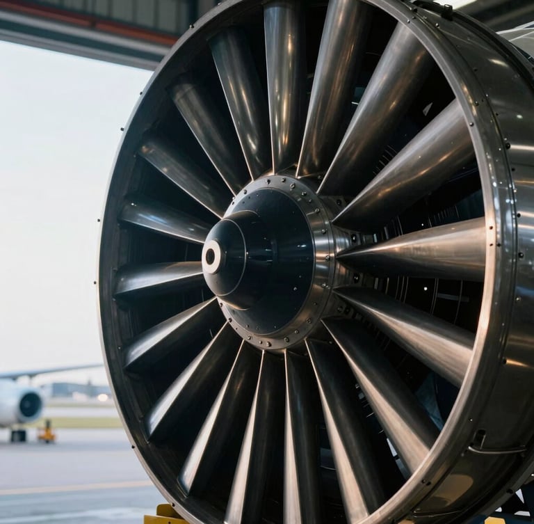 Aviation maintenance engineer inspecting a turbine blade inside a brightly lit hangar, dramatic metallic shadows, cool morning light, sharp focus, 35mm.