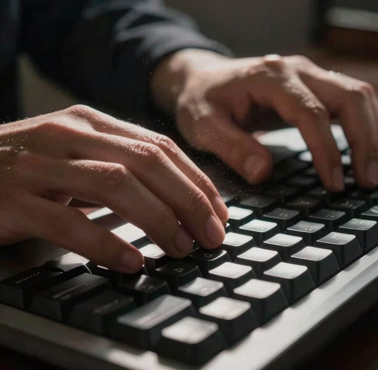 Extreme close-up of hands typing on a mechanical keyboard in a dimly lit legal archive, dust motes in a single shaft of light, high-contrast shadows.
