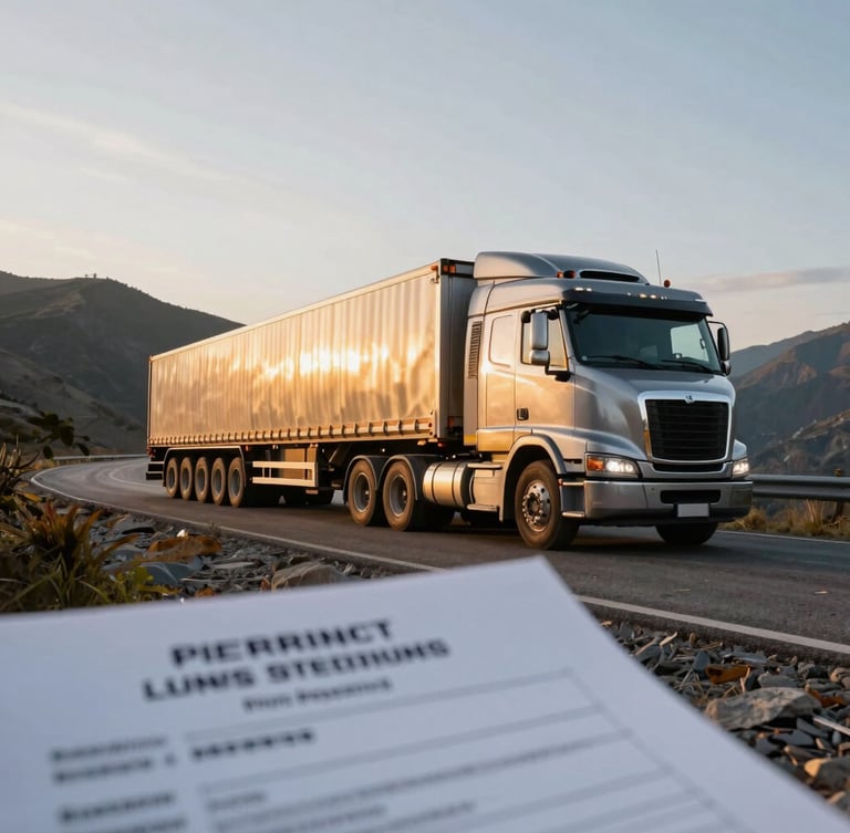 Wide-angle shot of a multi-axle heavy haul truck navigating a mountain pass at golden hour, low sun highlighting metallic textures, with a permit document partially visible in the foreground, low angle.