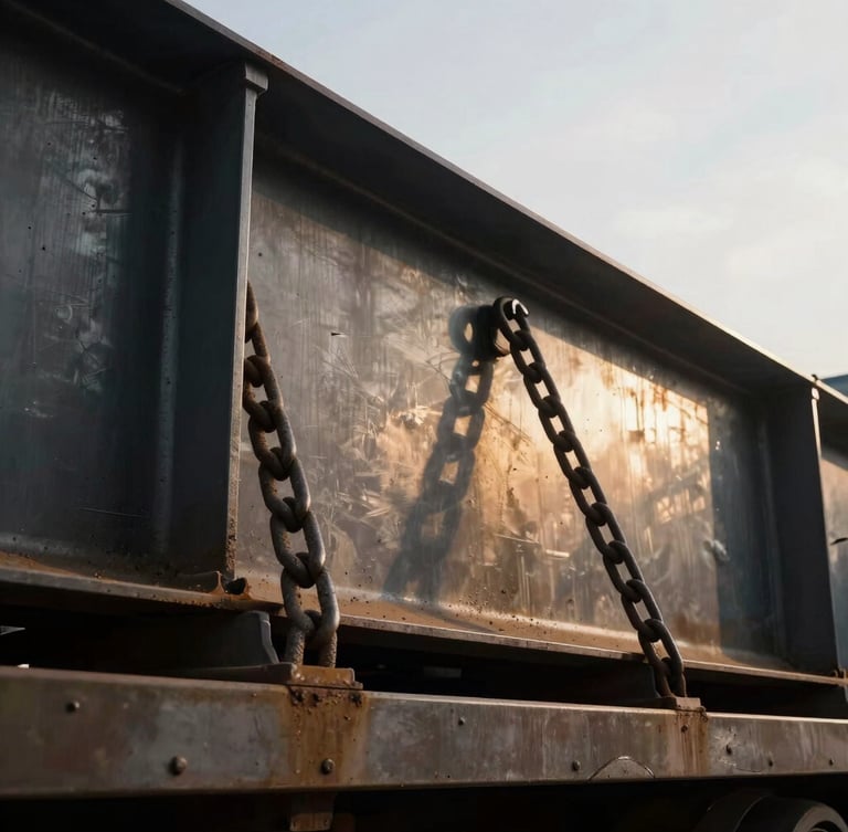 Close-up of heavy chains securing a massive steel structure on a flatbed, metallic textures, dust, dramatic overcast daylight, 35mm lens.