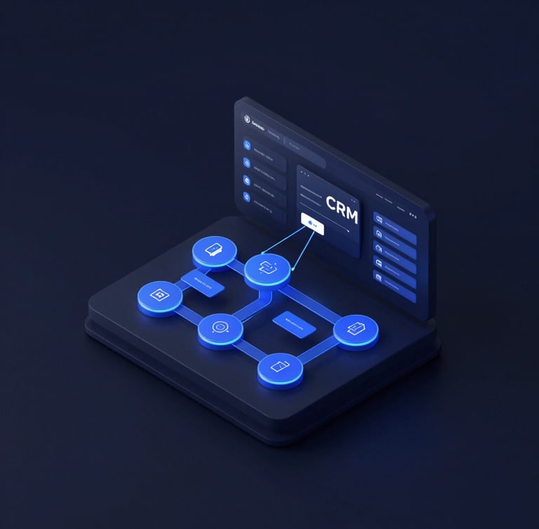 Isometric clean 3D render of a dark-mode CRM dashboard, glowing cobalt data paths, node-based automation flows, soft studio lighting on deep navy background
