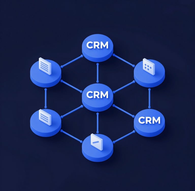 Isometric 3D render of a node-based workflow diagram showing data flowing between CRM and outreach nodes, cobalt blue lines, dark navy background, soft studio lighting.