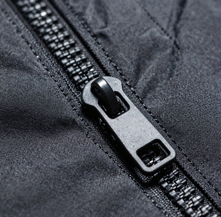 Macro shot of heavy-duty black tactical zipper on dark charcoal technical fabric, harsh clinical overhead studio lighting, sharp focus on reinforced double-stitching