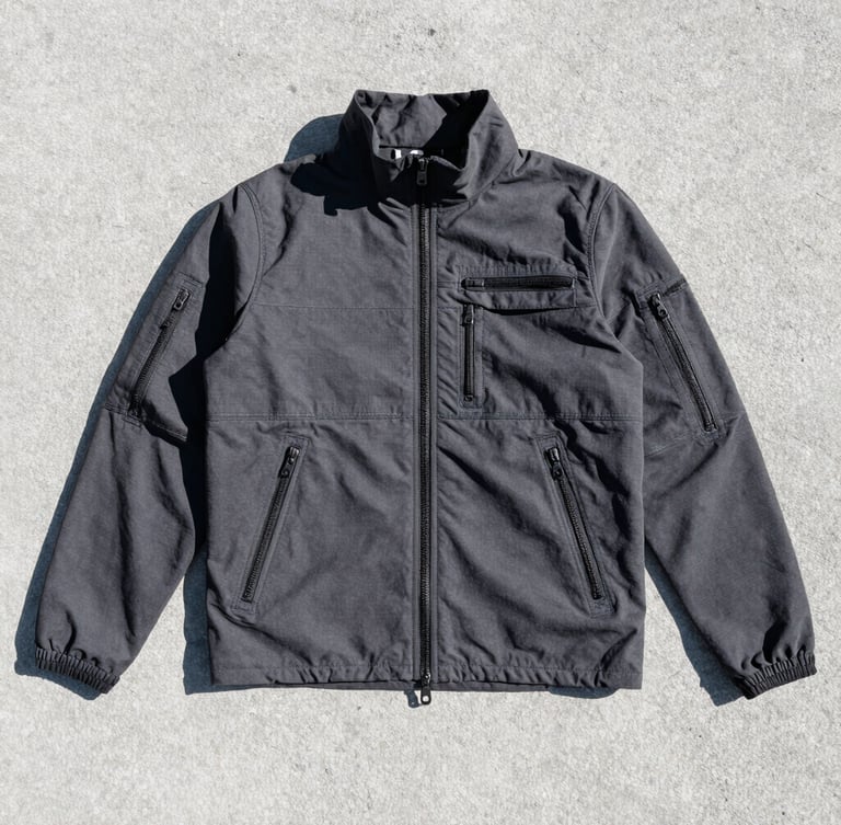 Stark technical streetwear flat-lay on cold concrete, high-contrast direct sunlight, sharp focus on heavy zippers and reinforced stitching, desaturated tones