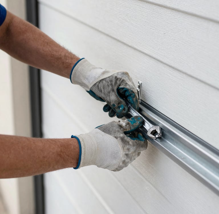 Close-up of a professional technician's hands in heavy-duty work gloves adjusting a steel garage door track with a wrench, bright natural daylight, clean focus, 35mm lens