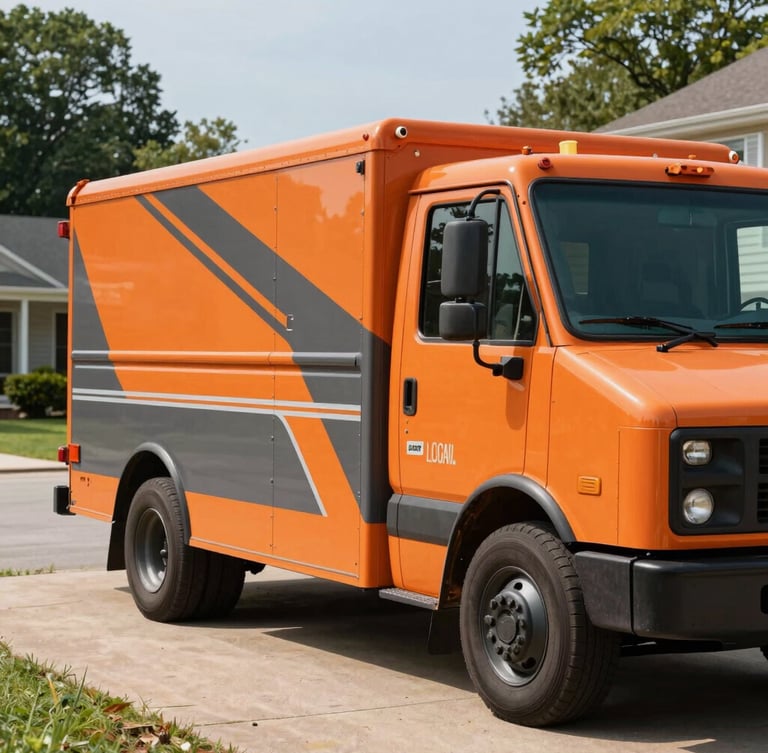 A clean orange and charcoal service truck parked in a residential driveway in Central Illinois, bright morning daylight, sharp focus on the vehicle branding
