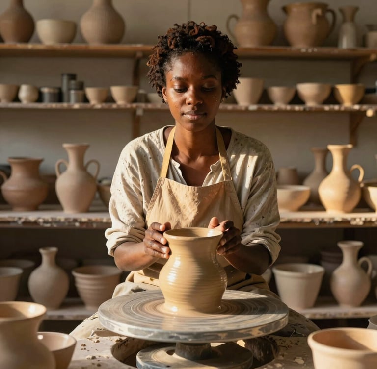 Warm environmental portrait of a Black female artisan in her sunlit ceramic workshop, golden-hour light reflecting off clay vessels, medium shot, high contrast.