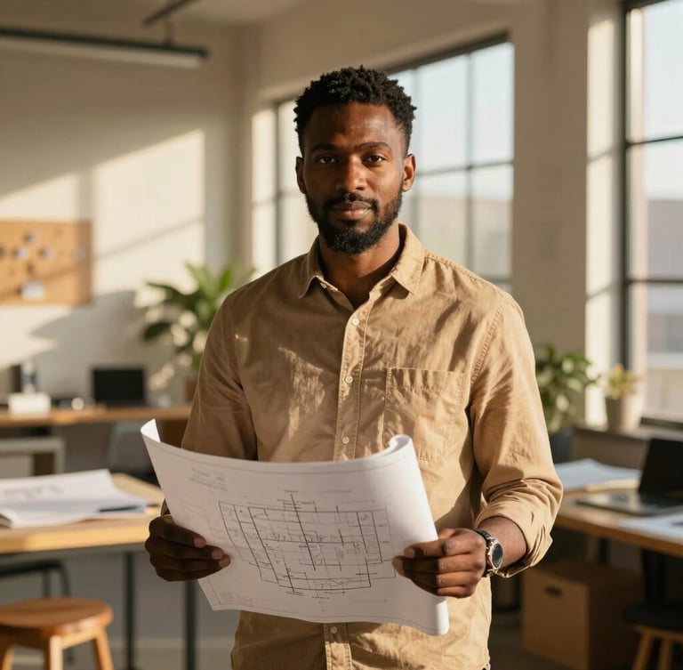 Warm environmental portrait of a Black business owner in a sunlit architectural design studio, holding blueprint sketches, soft golden-hour natural light.