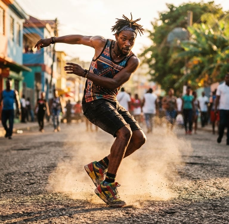 Dynamic close-up of a street dancer in Kingston under high-contrast golden hour sunlight, dust kicked up around sneakers, vibrant editorial photography, 35mm film grain.