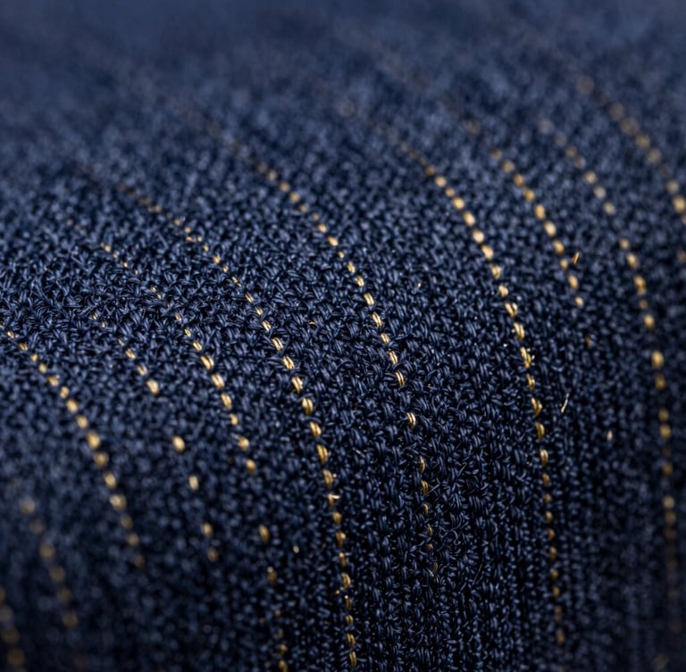 Extreme macro close-up of premium navy blue cotton fabric weave, showing detailed thread texture and gold fiber accents, dramatic studio side lighting, shallow depth of field