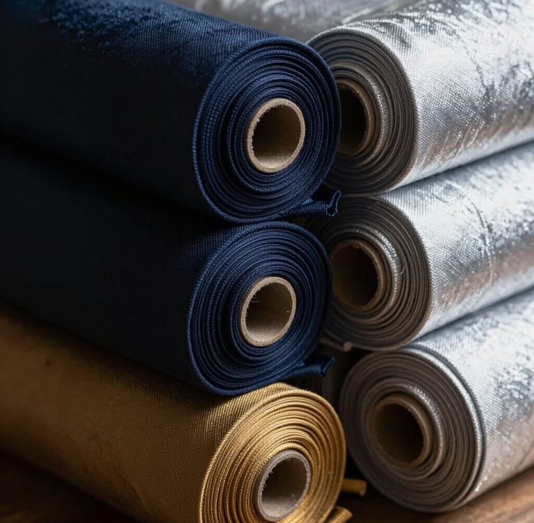 Neatly stacked rolls of premium finished textiles in deep navy and silver, dramatic studio side-lighting, extreme texture detail