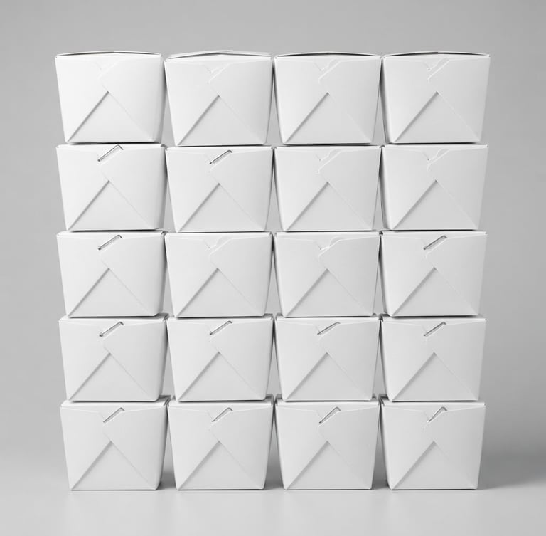 Straight-on product shot of neatly stacked durable white cardboard takeout boxes, bright high-key studio light, seamless light gray background, sharp focus, crisp details
