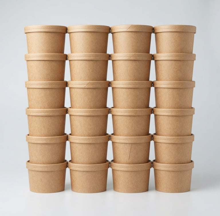 Straight-on studio shot of neatly stacked kraft paper food containers, bright high-key even lighting, seamless light gray background