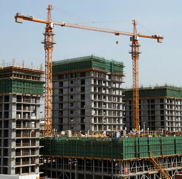 Wide environmental shot of a massive construction site with steel structures rising, heavy cranes in the background, harsh natural daylight, deep green and safety orange tones, sharp focus, 35mm