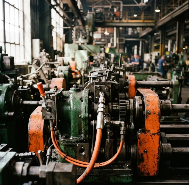 Close-up of industrial machinery components on a factory floor, harsh natural daylight, deep green and safety orange tones, sharp focus.