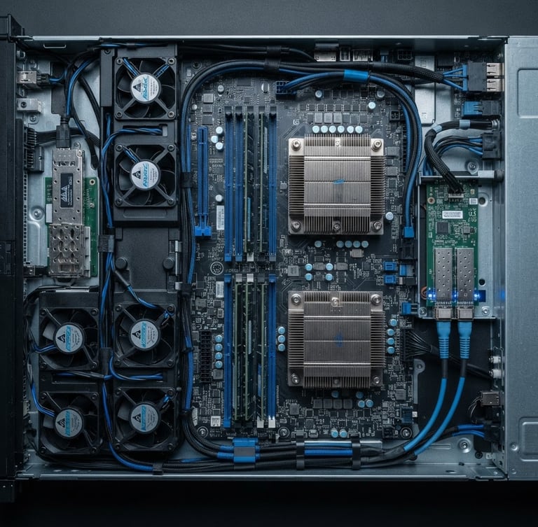 A minimalist flat-lay of modern server hardware, cool diffused studio light, desaturated slate and electric blue tones, macro lens
