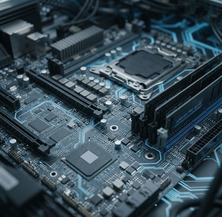 Macro close-up of server hardware with cool diffused studio light and subtle electric blue circuitry pathways, minimalist editorial photography
