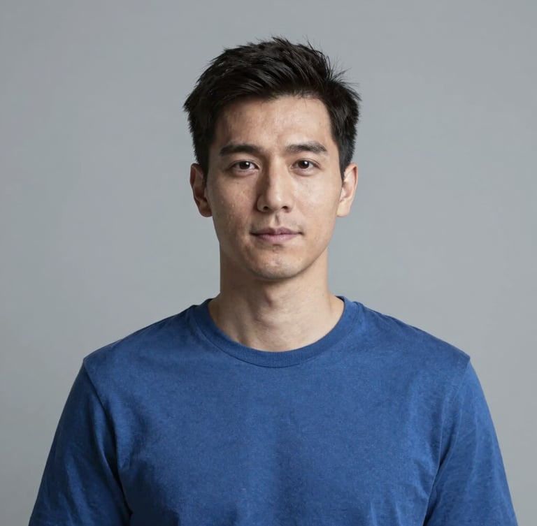 High-quality portrait of a technical editor in natural overcast daylight, desaturated slate tones, clean minimalist composition