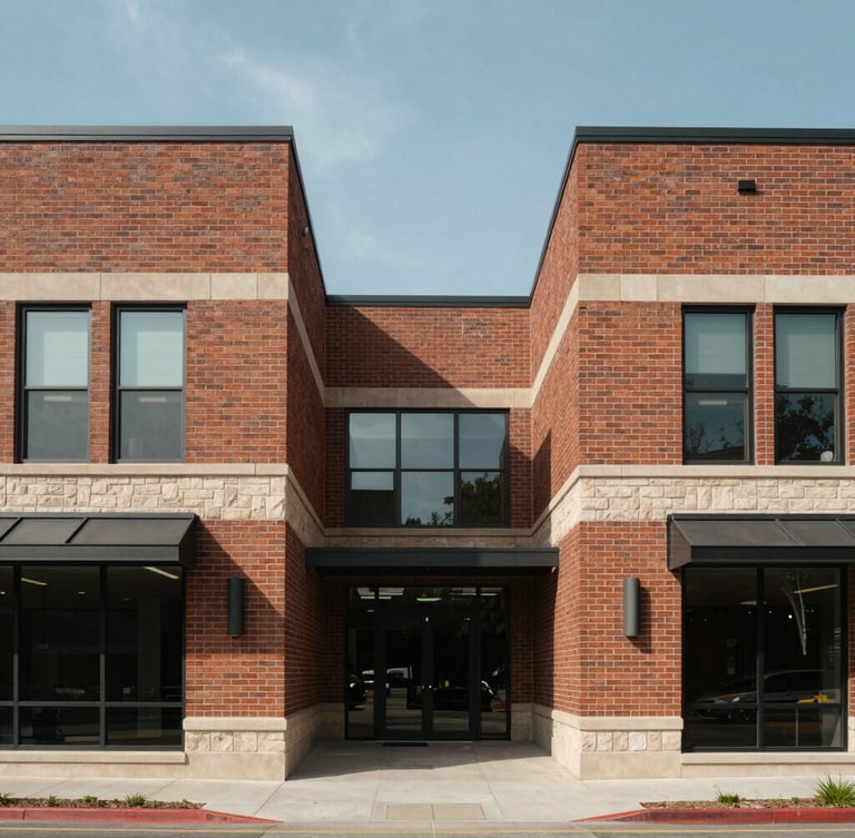 Symmetrical architectural exterior of a modern brick commercial complex in Cheyenne under clear, bright daylight