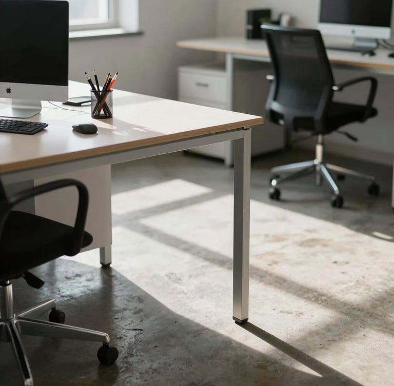 Close-up of clean, organized interior office space showing functional layout, natural daylight casting sharp shadows on concrete floor.