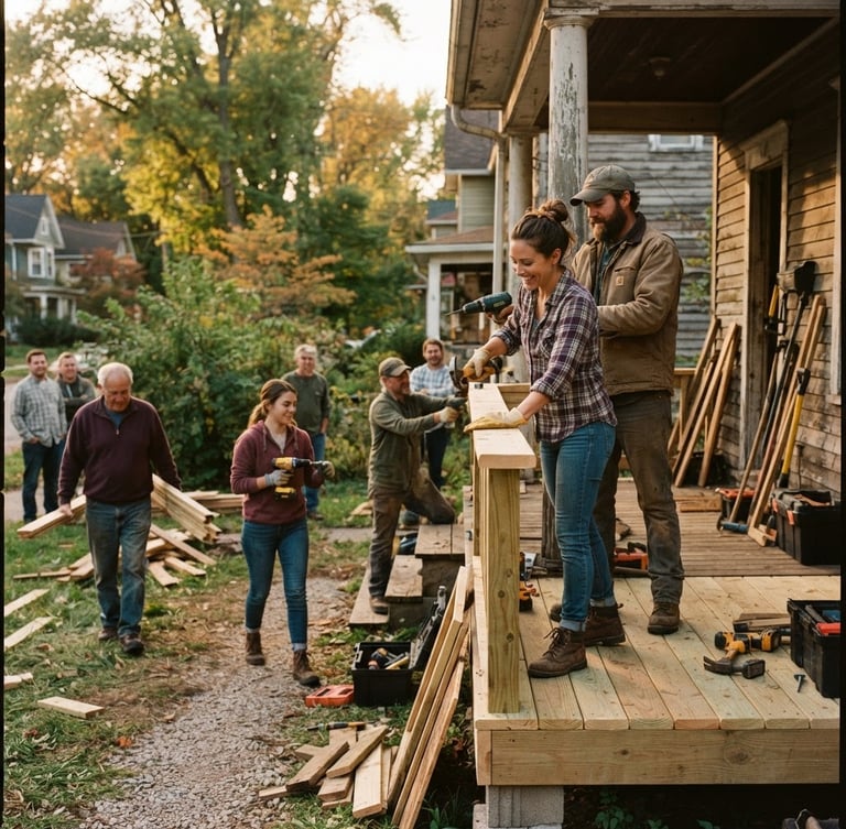 Candid medium shot of local volunteers working together to rebuild a storm-damaged wooden porch in an Ohio neighborhood, warm golden-hour daylight, rich organic tones, authentic 35mm film style.