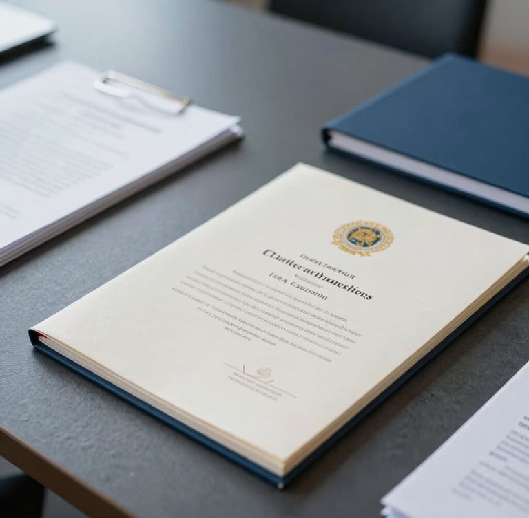 Close-up of official academic folders and stamped diplomas on a dark slate table, soft natural daylight, cool corporate tones, professional editorial photography, 35mm
