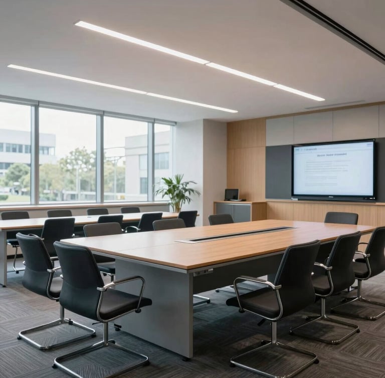 A clean modern university boardroom with structured seating, soft natural daylight, professional editorial photography, 35mm