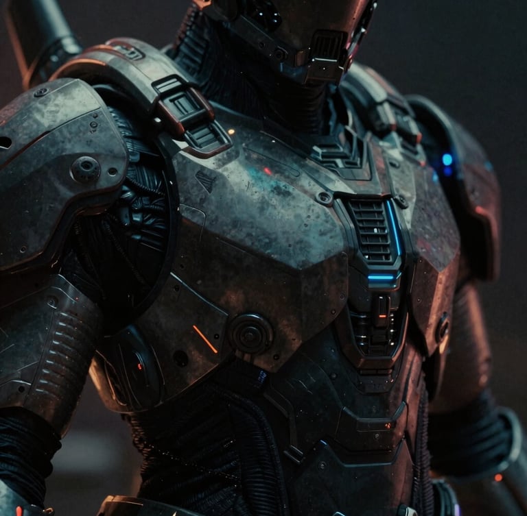 Extreme close-up of highly detailed sci-fi armor textures, dramatic rim lighting, dark atmospheric background, anamorphic framing, 35mm film grain