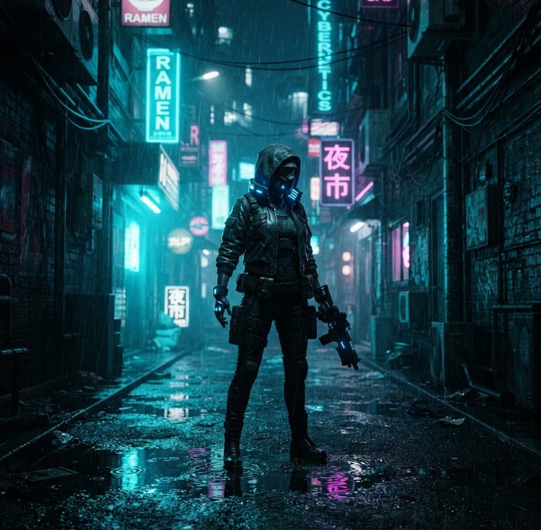 Cinematic anamorphic film frame of a sci-fi character standing in a dark rain-slicked alleyway, neon cyan backlighting reflecting off wet asphalt, deep shadows, rich film grain, 35mm composition.