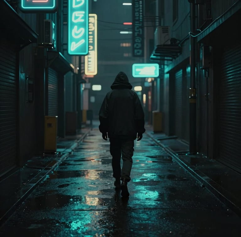 Cinematic portrait shot of a dark cyberpunk alleyway, wet asphalt reflecting glowing cyan signs, a lone cloaked figure walking away into the shadows, portrait aspect.