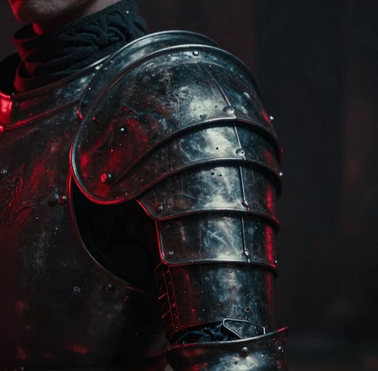 Cinematic close-up of a highly detailed fantasy armor shoulder plate, metallic textures catching a sharp red rim light, deep shadows, 35mm film grain, portrait aspect.