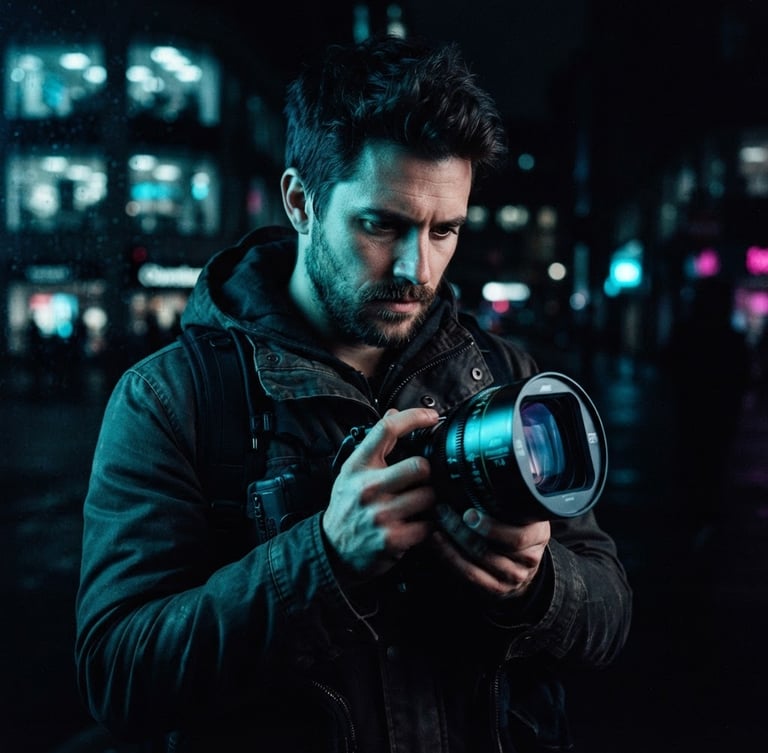 Stark low-key portrait of a cinematic creator holding an anamorphic camera lens, dramatic neon rim lighting, deep shadows, rich cyan accents, 35mm film grain