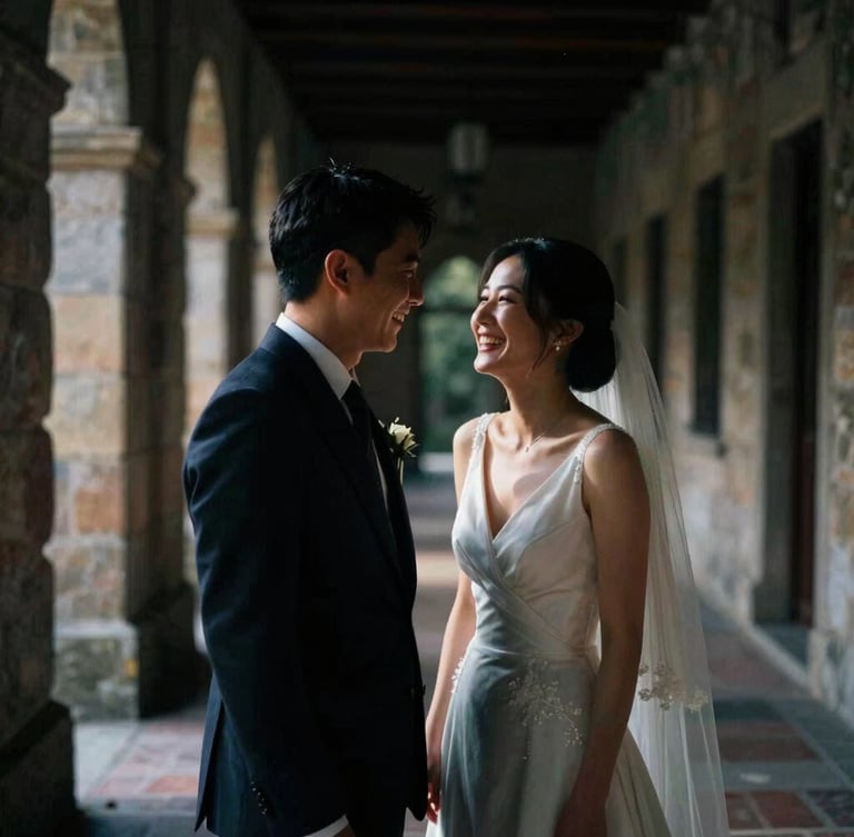 Cinematic candid wedding portrait, high-contrast natural light, deep shadows, 35mm film grain, a quiet laugh between a couple in a dimly lit stone corridor, moody atmosphere