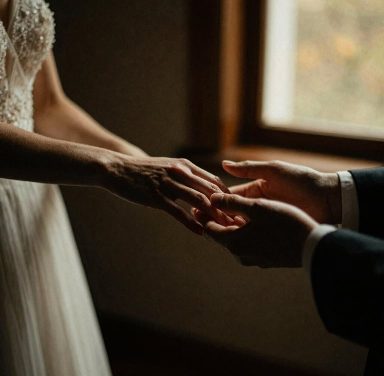 Moody wedding photography, close-up of hands gently touching, soft golden hour window light, rich textures, deep shadows, 35mm film grain