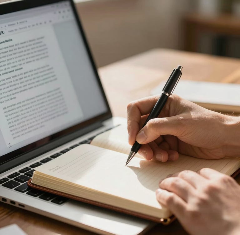 Cinematic close-up of hands writing in a leather notebook next to an open laptop showing clean text documents, warm sun-drenched environment