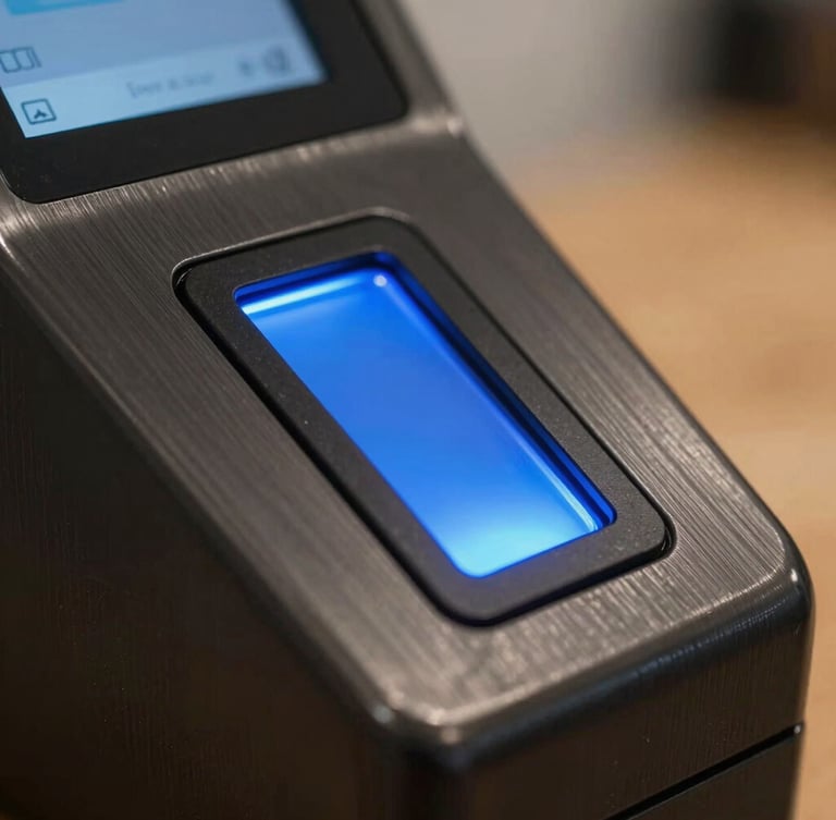 Tight macro crop of a modern contactless payment terminal interface, electric-blue status light glowing, dark brushed-metal casing