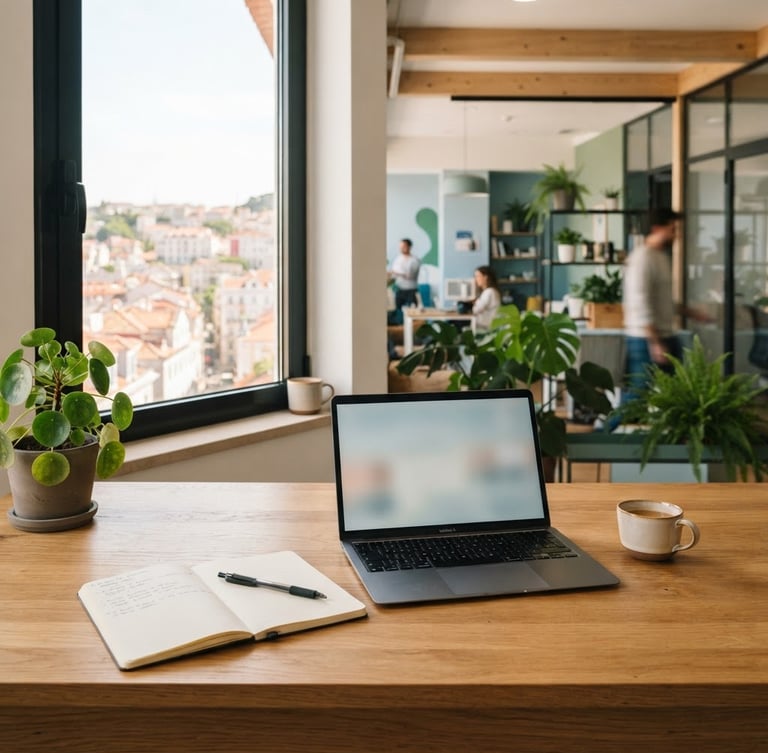 Bright editorial photography of a modern Portuguese office, warm natural daylight streaming through a large window, a clean laptop and a notebook on a wooden desk, soft depth of field.