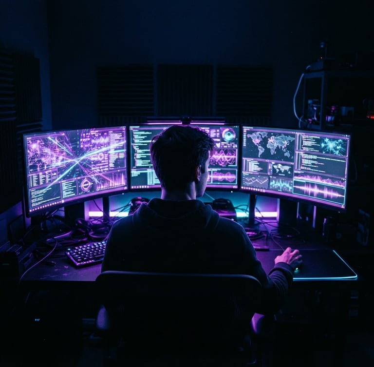 Moody low-key photography of a modern high-tech workstation, glowing abstract digital interfaces on screens casting electric purple and cyan green rim lighting, dark blue tones, 35mm