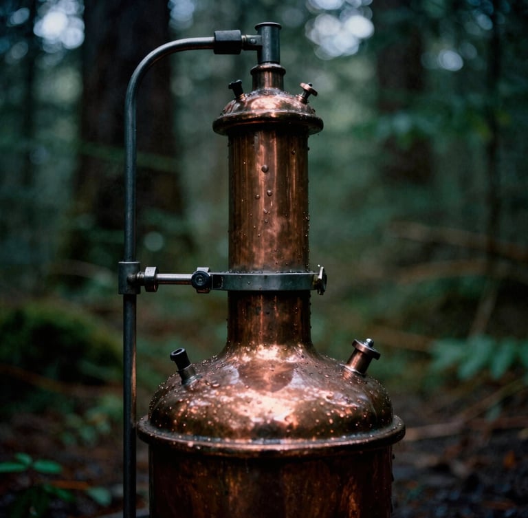Macro shot of a copper distillation still, condensation on dark metal, low-key directional lighting, Pacific Northwest forest background out of focus.
