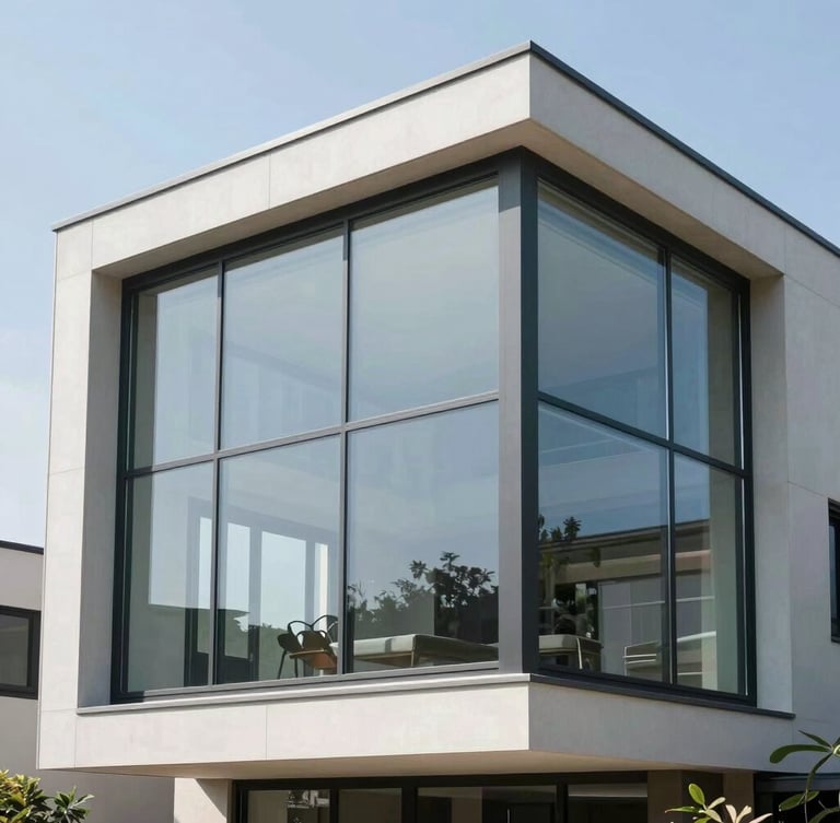 Architectural photography of a minimalist modern home with a seamless glass corner window, bright daylight, crisp reflections, steel fittings