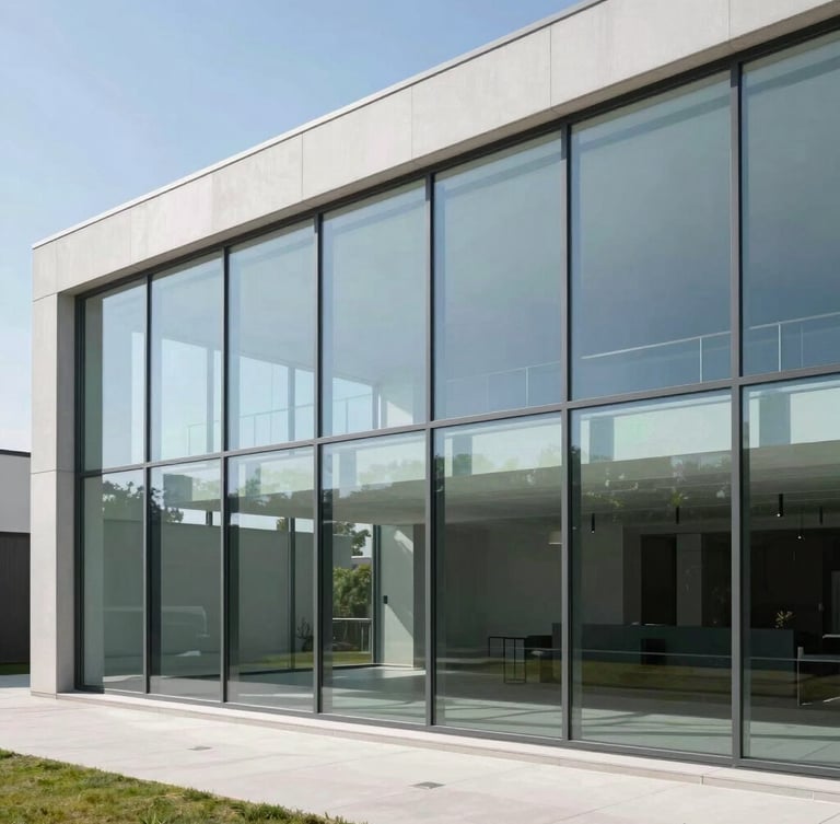 A minimalist modern home featuring a massive seamless structural glass wall with crisp daylight reflections, showing clean metal fittings and sharp architectural shadows.