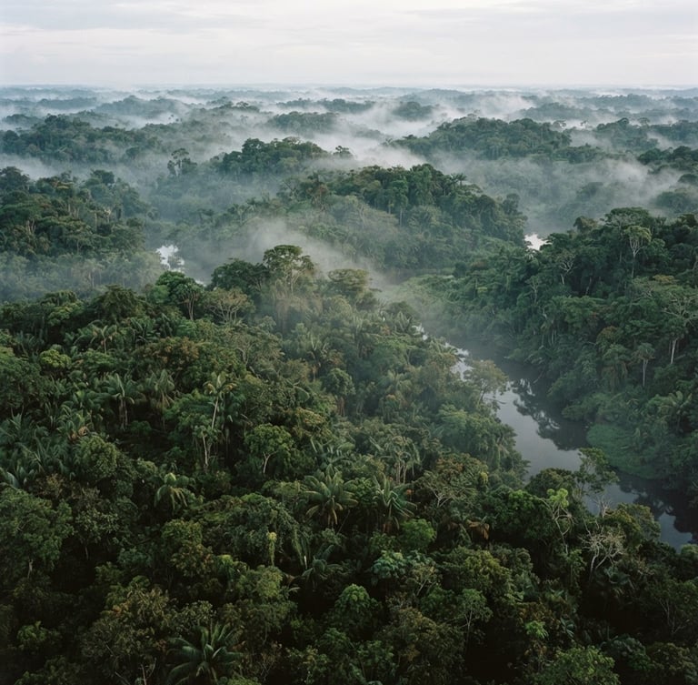 Wide environmental aerial view of dense Amazonian canopy, humid morning mist rising from the trees, documentary photography, medium format film.