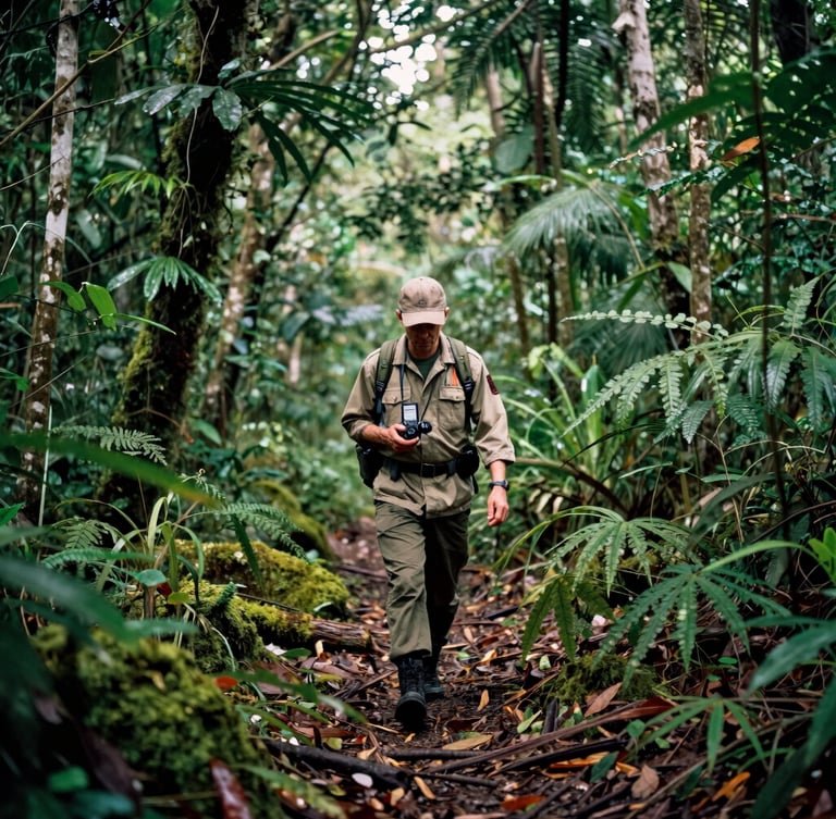 A local forest guardian walking through a dense jungle trail, holding a GPS device, natural humid light, documentary medium format photography.