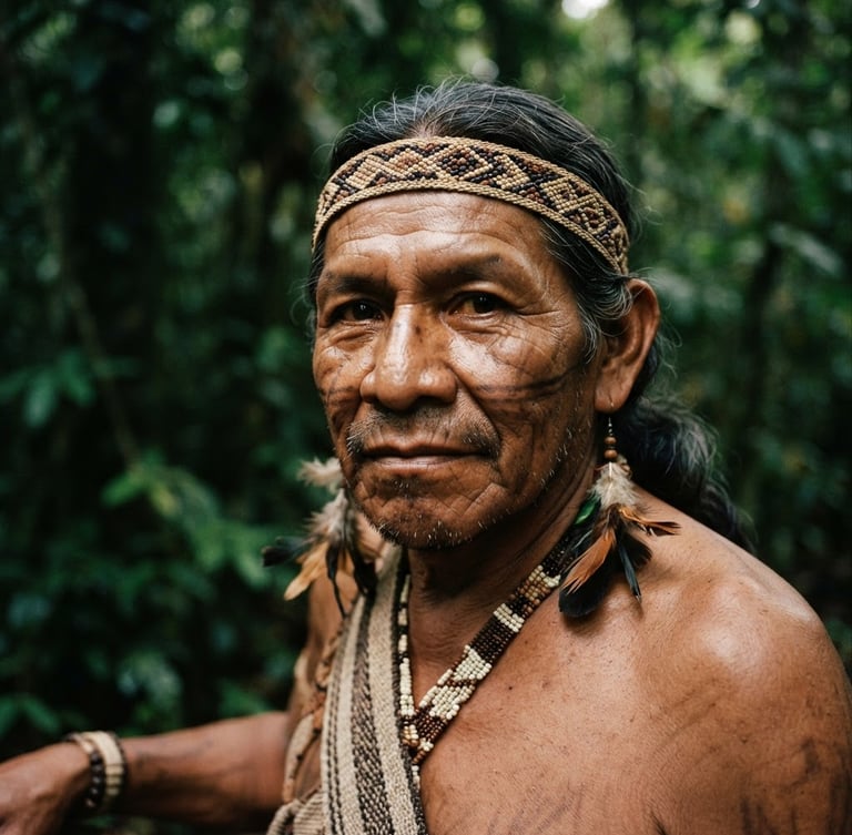 Close-up portrait of an Amazonian community leader, warm natural river light, proud expression, deep green forest background, documentary style, medium format film.