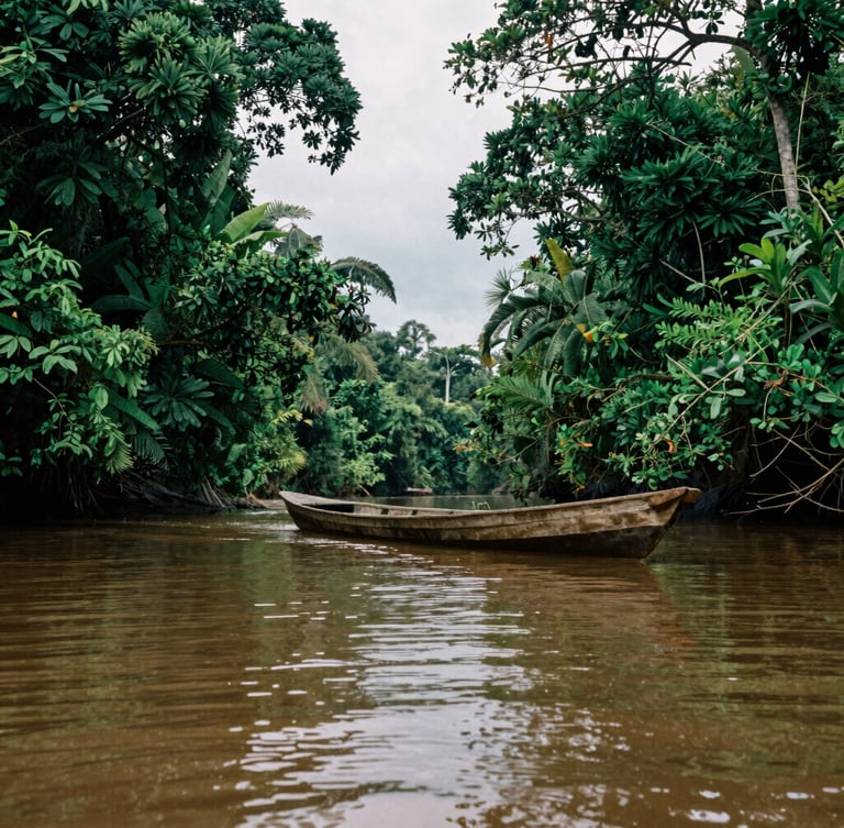 A wooden boat navigating a narrow Amazonian river channel, lush green canopy reflecting on the water, humid overcast daylight, documentary photography.
