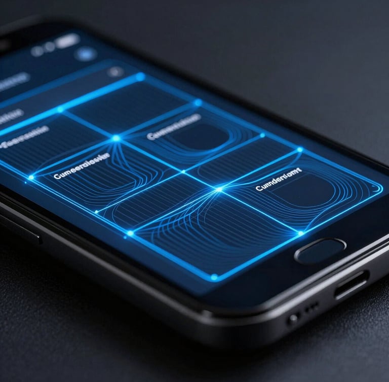 Macro close-up of a high-fidelity mobile UI wireframe on a device screen, glowing electric blue vector lines, dark obsidian background, cool studio lighting.