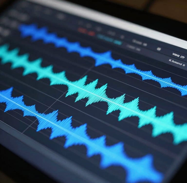 A close-up macro shot of a clean, high-contrast video editing interface showing audio waveforms in electric blue and cyan, cool studio lighting