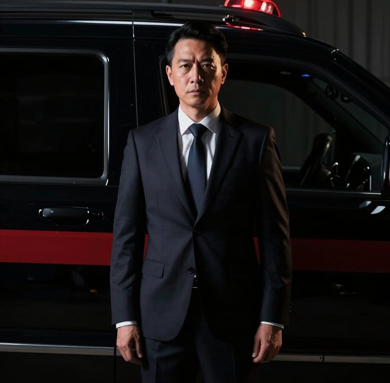Low-profile executive protection professional in a sharp dark suit standing near a secure vehicle, dramatic chiaroscuro lighting, deep black tones.